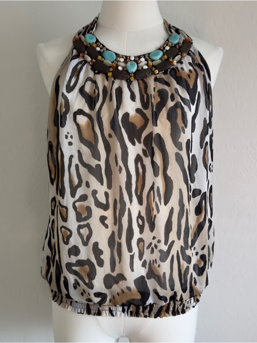 Y2K Embellished Neck Leopard Print Halter Tank Top - Brown/Black/White